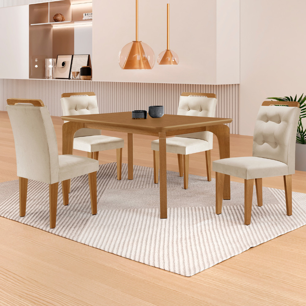 Mesa de Jantar Liz 120cm MDF Canto copo e com 4 Cadeiras Carol Mesa de Jantar Liz 120cm MDF Canto copo e com 4 Cadeiras Carol