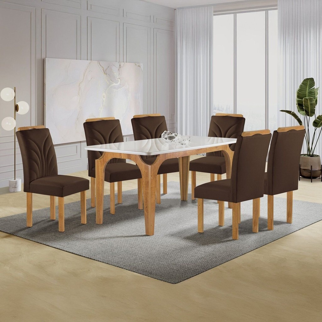 Conjunto Mesa Melina 170cmx90cm com 6 Cadeiras Carolina Tampo Smart Plus com Vidro Cinamomo/Off White/Marrom Conjunto Mesa Melina 170cmx90cm com 6 Cadeiras Carolina Tampo Smart Plus com Vidro Cinamomo/Off White/Marrom - Oferta na Shopee