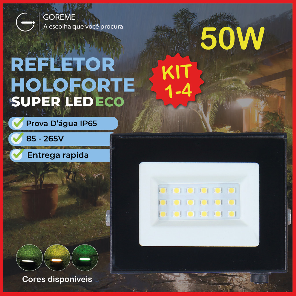 Kit 4 Holofote Refletor Led ECO Pro 50W Branco Frio 6500K  Branco Quente Verde| IP65 | Luz Econômica | Para Jardim - Oferta na Shopee