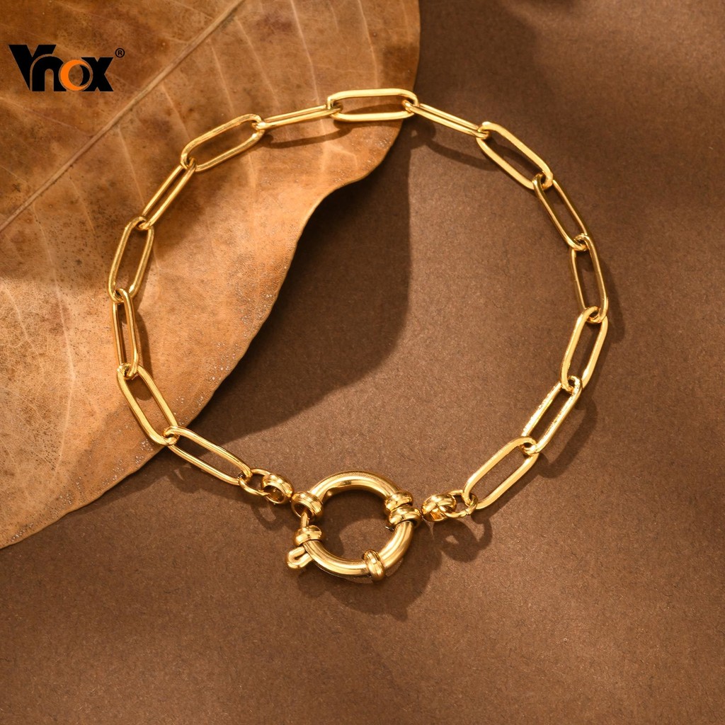 Vnox Fivela Clipe De Papel Corrente Pulseira 18K Banhado A Ouro Pulseiras De Mão Femininas Joias De Aço Inoxidável Prese - Oferta na Shopee