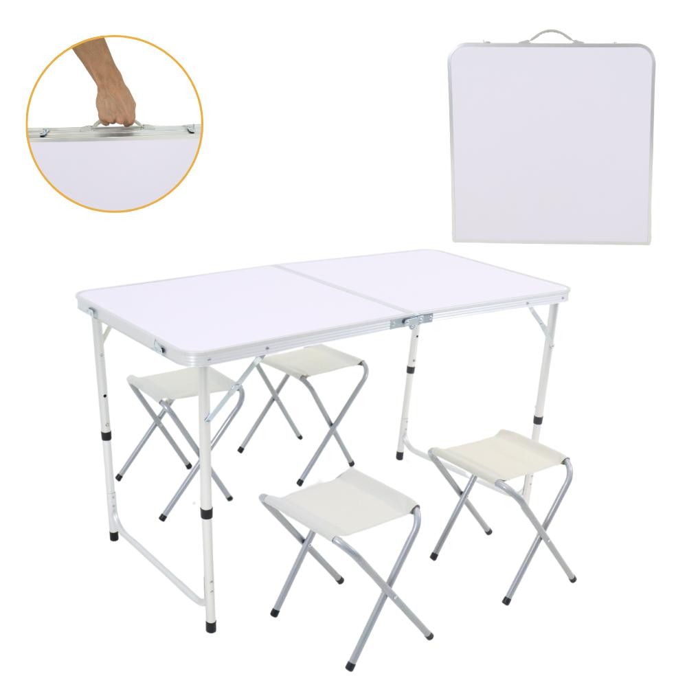Kit Mesa Dobrável Portátil Que Vira Maleta Alúminio 120x60cm com 4 Banquinhos Dobráveis Brancos - Oferta na Shopee
