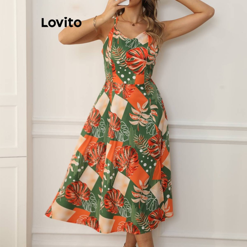 Lovito Vestido Boho Feminino Plantas Flores Estrutura Linha Vestido Verão/primavera LBL19200 - Oferta na Shopee