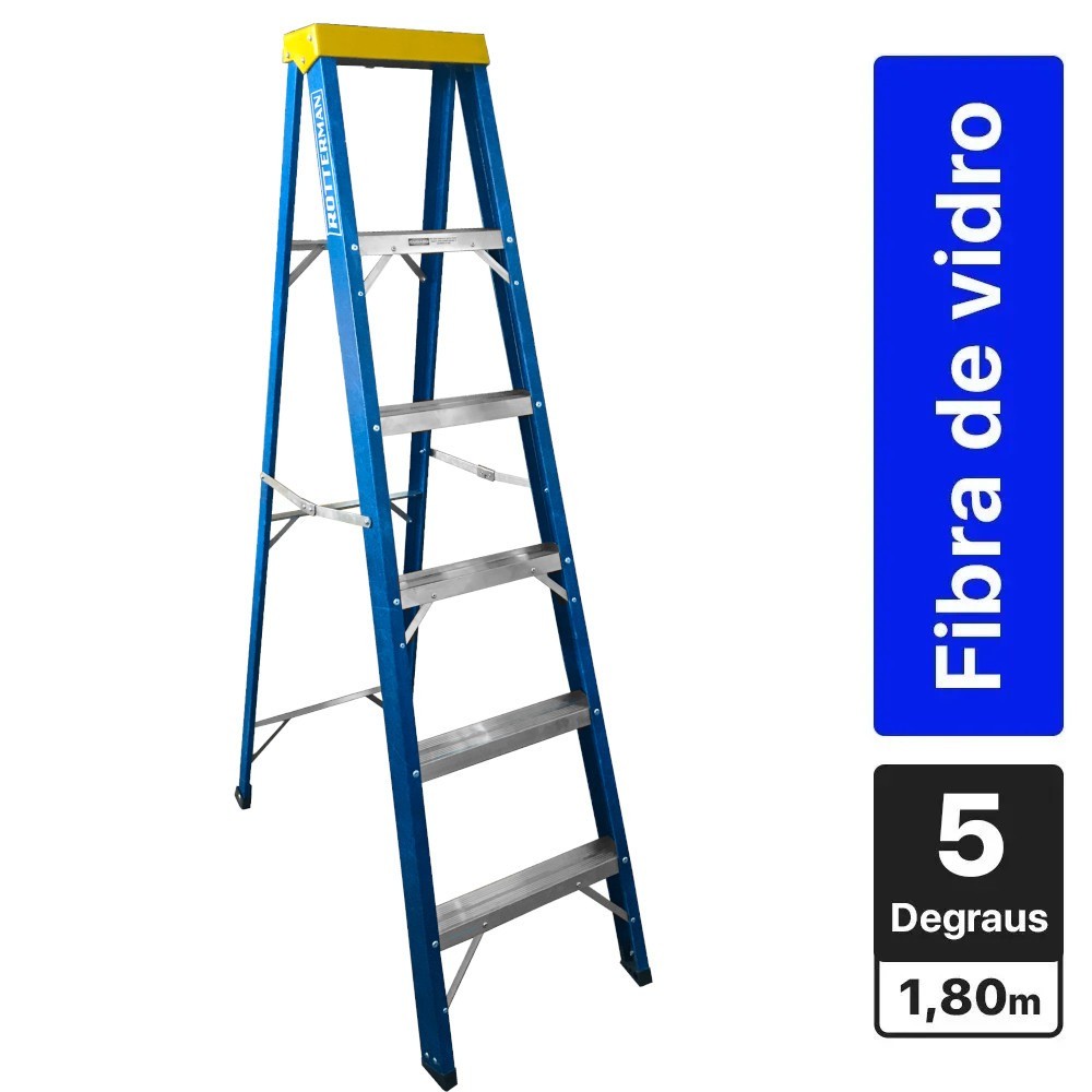 Escada de fibra de vidro 5 degraus + patamar 1,80 m americano simples - Rotterman Escada de fibra de vidro 5 degraus + patamar 1