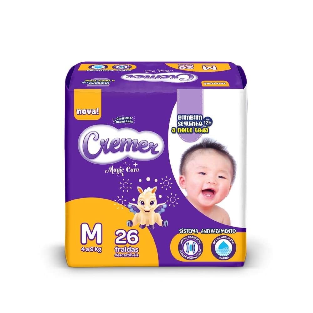 Fralda Cremer Magic Care Tamanho M Pacote Jumbo 26 Unidades Descartáveis - Oferta na Shopee