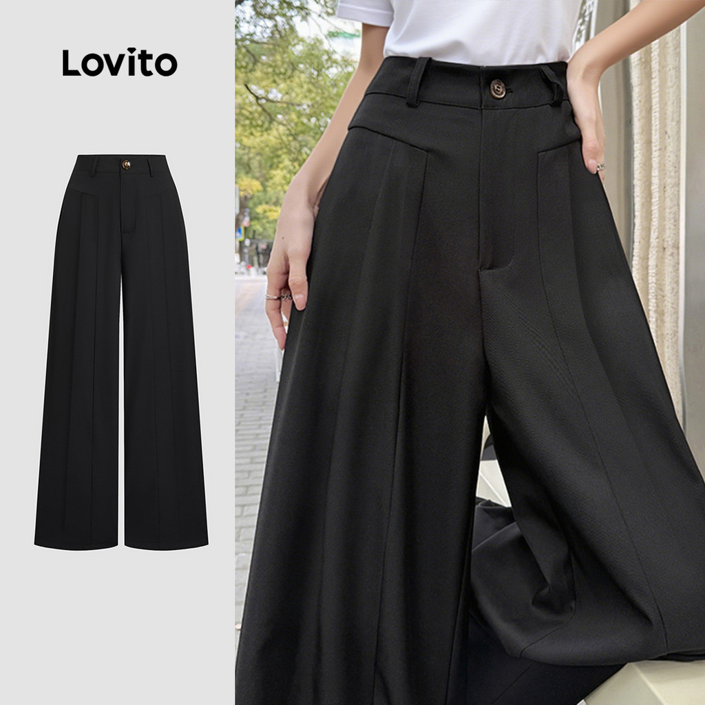 Lovito Calças Casuais de Botão com Pregas Primavera/verão Calças Pretas para Mulheres LBL28335 - Oferta na Shopee