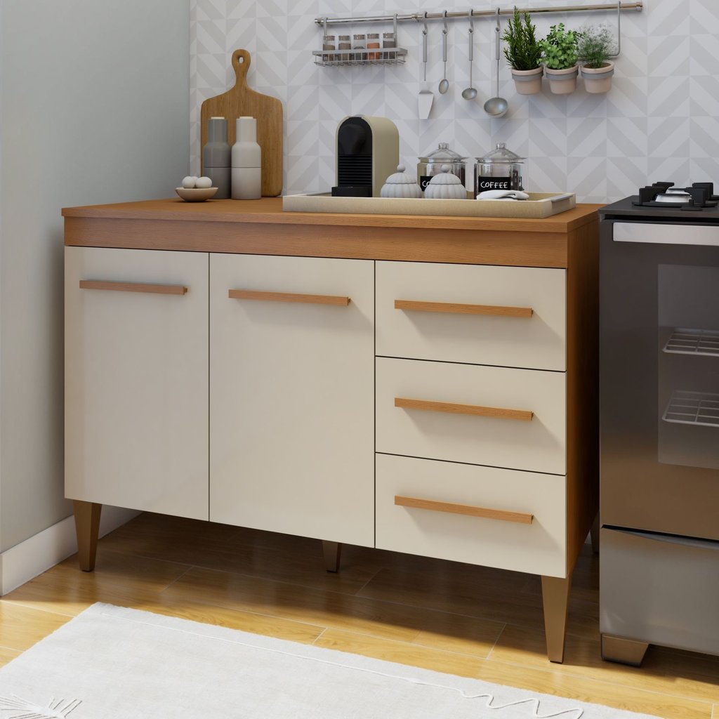 Balcão de Cozinha com Tampo 2 Portas 3 Gavetas Atenas Nature/Off White Balcão de Cozinha com Tampo 2 Portas 3 Gavetas Atenas Nature/Off White - Oferta na Shopee