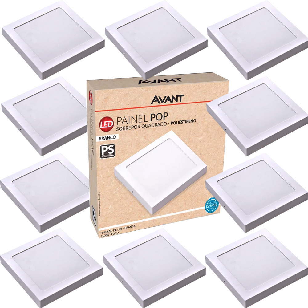 Kit 10 Painel Plafon Sobrepor Quadrado 12W Luz Branca 6500K Luminária de Gesso Forro Avant - Oferta na Shopee