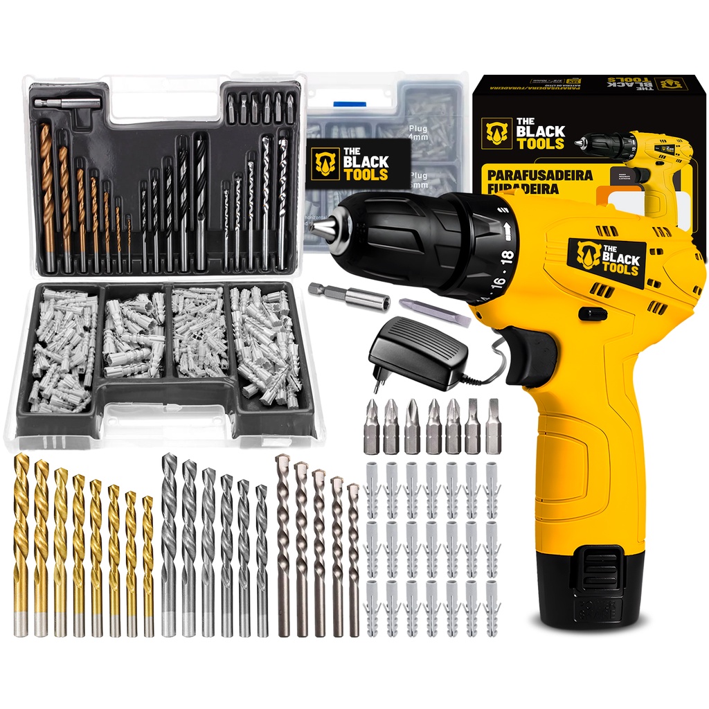 Furadeira Parafusadeira Bateria + Jogo Ferramentas 300 Peças Furadeira Parafusadeira Bateria + Jogo Ferramentas 300 Peças - Oferta na Shopee