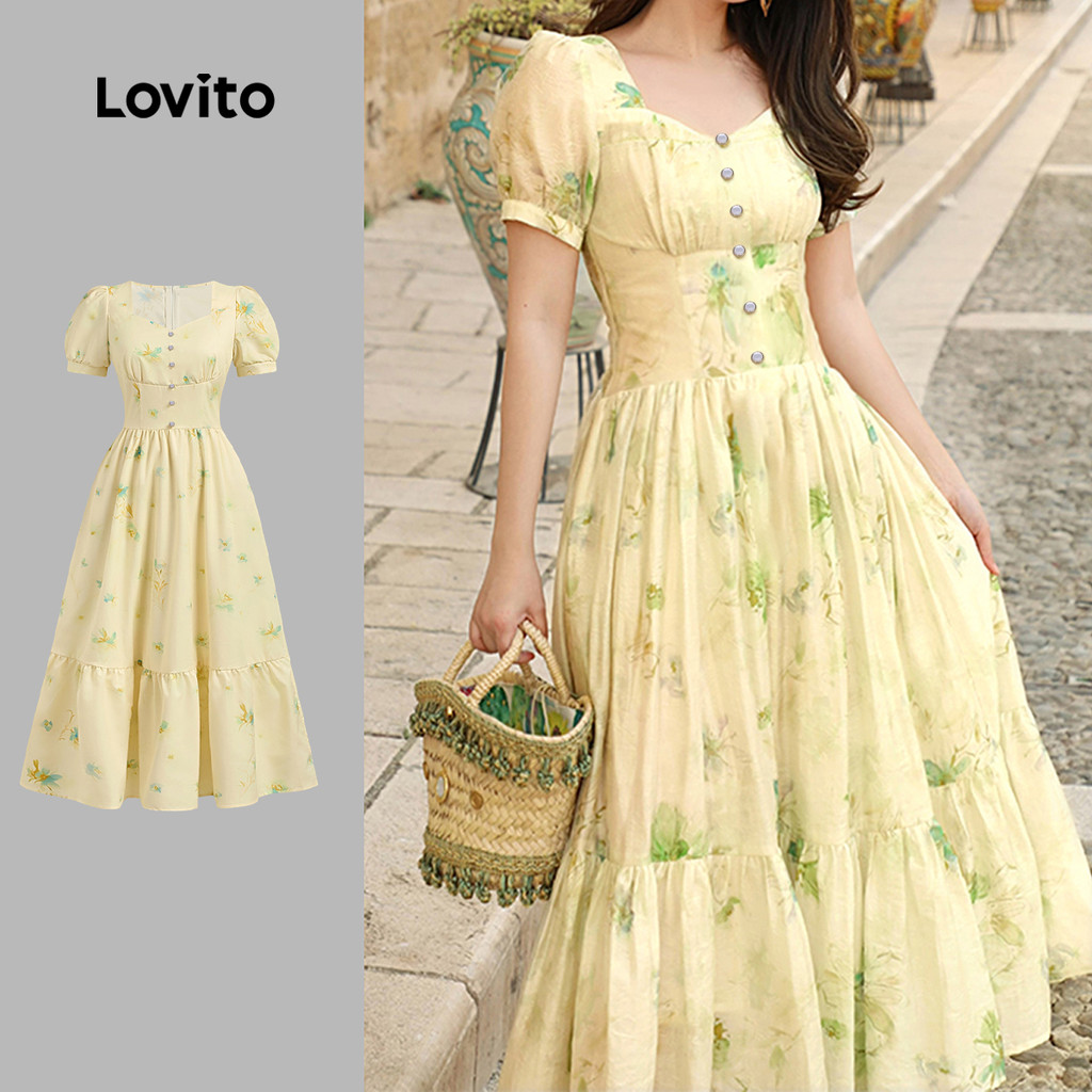 Lovito Vestido Elegante com Botões para Primavera/verão Vestido Amarelo para Mulheres L149LD539 - Oferta na Shopee