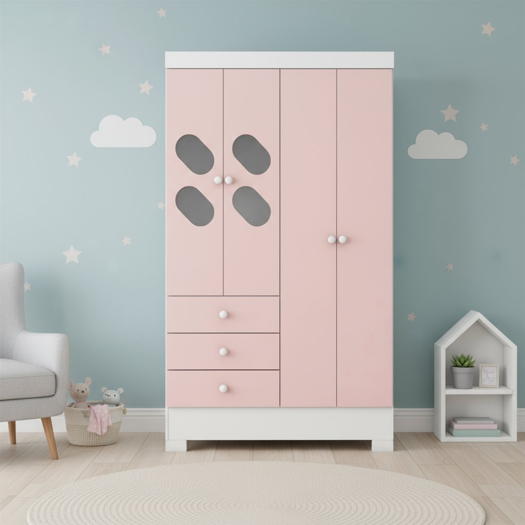 Guarda Roupa Infantil 4 Portas e 3 Gavetas Luiza Branco/Rosa Guarda Roupa Infantil 4 Portas e 3 Gavetas Luiza Branco/Rosa - Oferta na Shopee