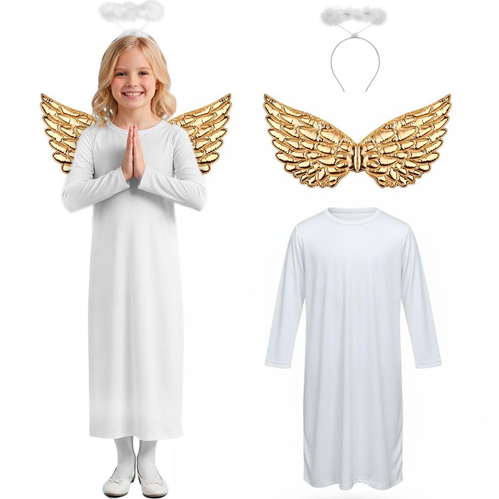 Fantasia de Anjo Infantil Unissex com Túnica Auréola e Asa 2 a 16 anos - Oferta na Shopee