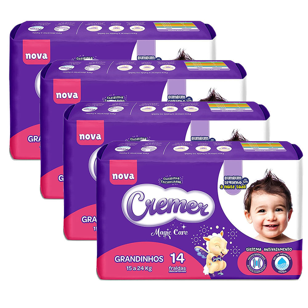 Kit 4 Fralda Cremer Magic Care Grandinhos Pacote Jumbo 14 Unidades Descartáveis - Oferta na Shopee