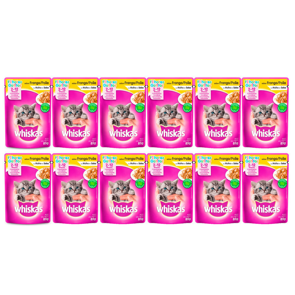 Kit 12 Ração para Gatos Whiskas Filhotes 2 a 12 Meses Sabor Frango ao Molho Sachê 85g - Oferta na Shopee