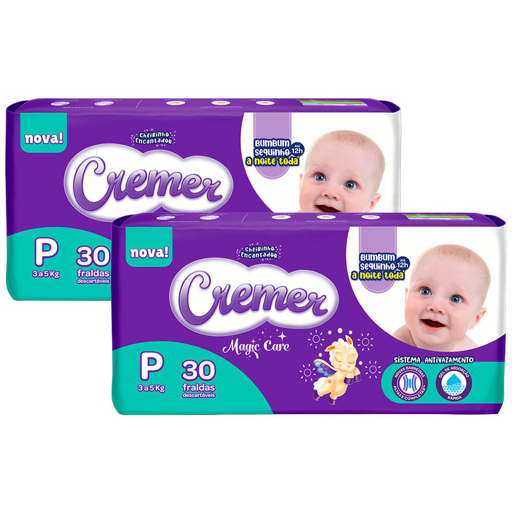 Kit 2 Fralda Cremer Magic Care Tamanho P Pacote Jumbo 30 Unidades Descartáveis - Oferta na Shopee