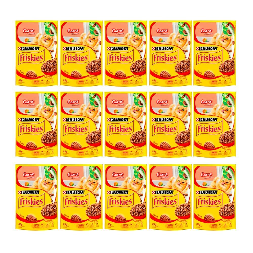 Kit 15 Ração Úmida para Gatos Friskies Adultos Sabor Carne ao Molho em Sachê 85g - Oferta na Shopee