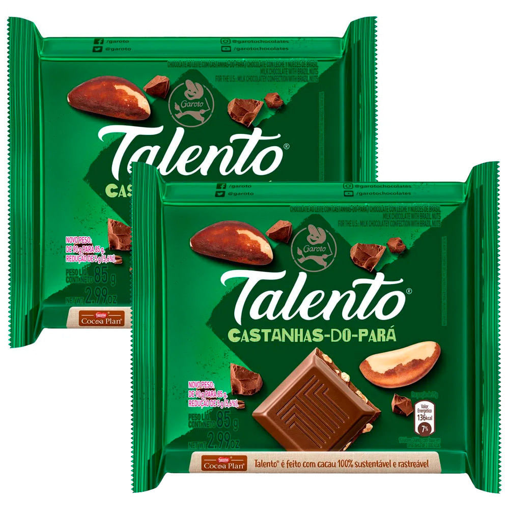Kit 2 Chocolate Garoto Talento ao Leite com Castanha do Pará 85g - Oferta na Shopee