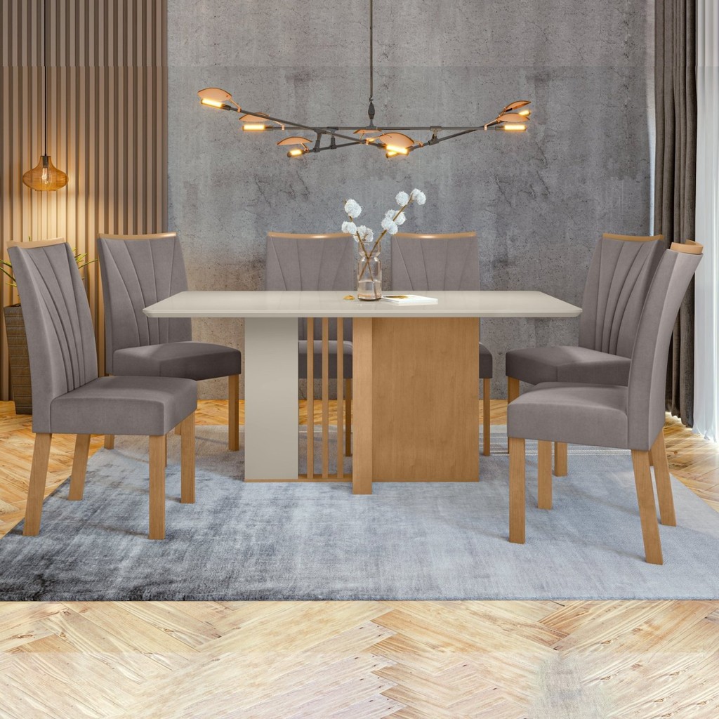 Conjunto Sala de Jantar 6 Lugares Retangular Tampo Vidro/MDF Mesa Astrid com Cadeiras Apogeu Amêndoa Clean/Off Conjunto Sala de Jantar 6 Lugares Retangular Tampo Vidro/MDF Mesa Astrid com Cadeiras Apogeu Amêndoa Clean/Off - Oferta na Shopee