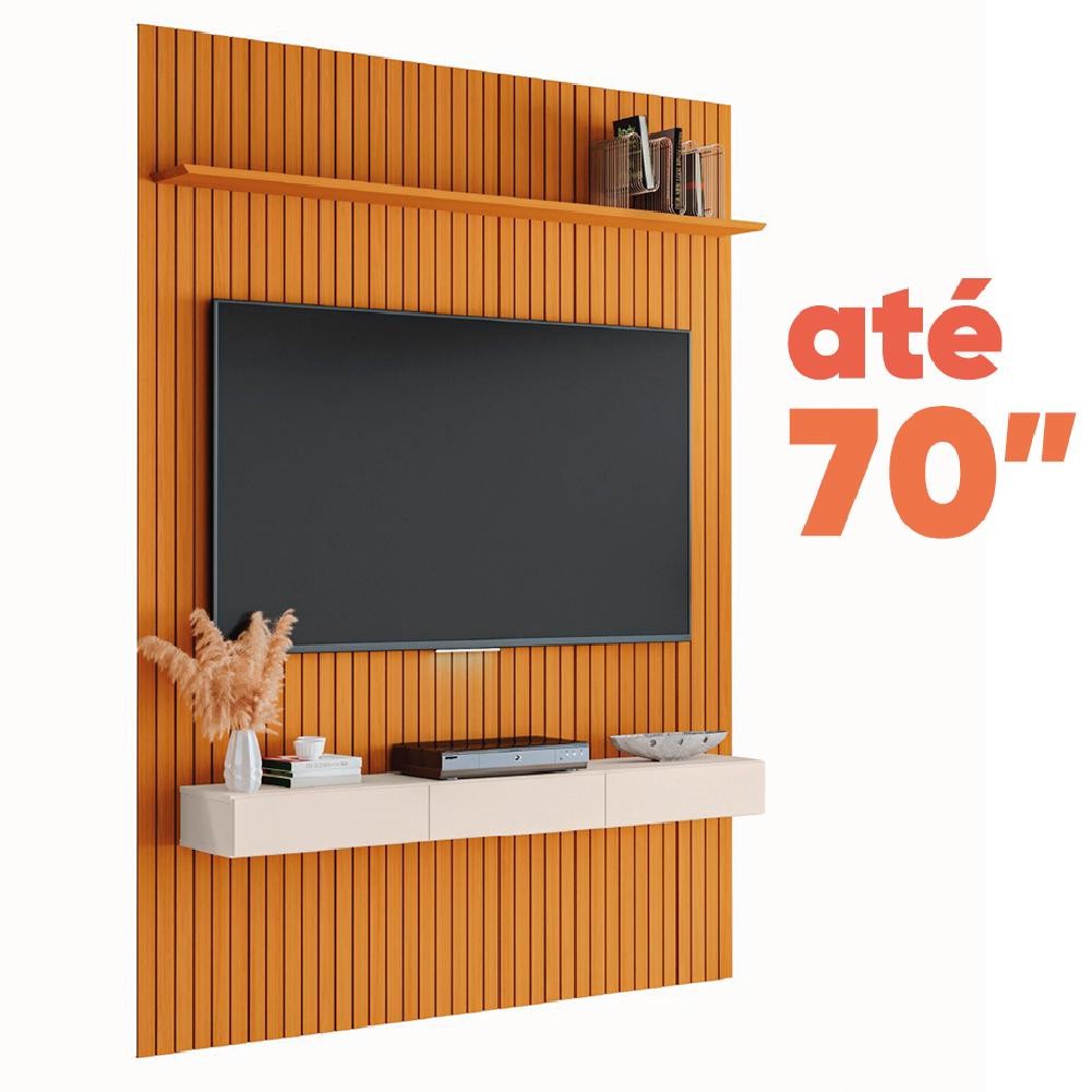 Painel para TV até 70 Polegadas 1,80x2,40m Ripado com Nicho Arbo Cedro/Off White EDN Painel para TV até 70 Polegadas 1