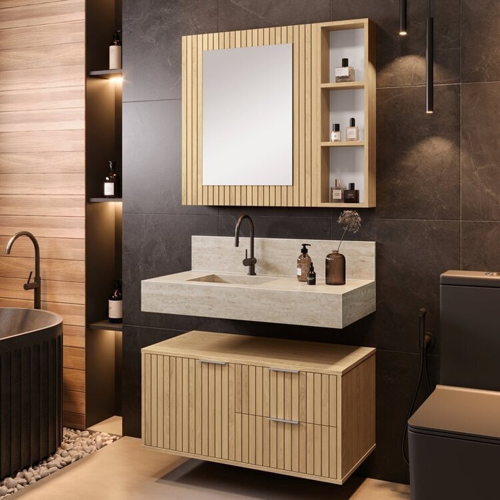 Conjunto para Banheiro Bancada em Porcelanato com Cuba Esculpida, Armário e Espelheira Ripy 80cm Wood Conjunto para Banheiro Bancada em Porcelanato com Cuba Esculpida