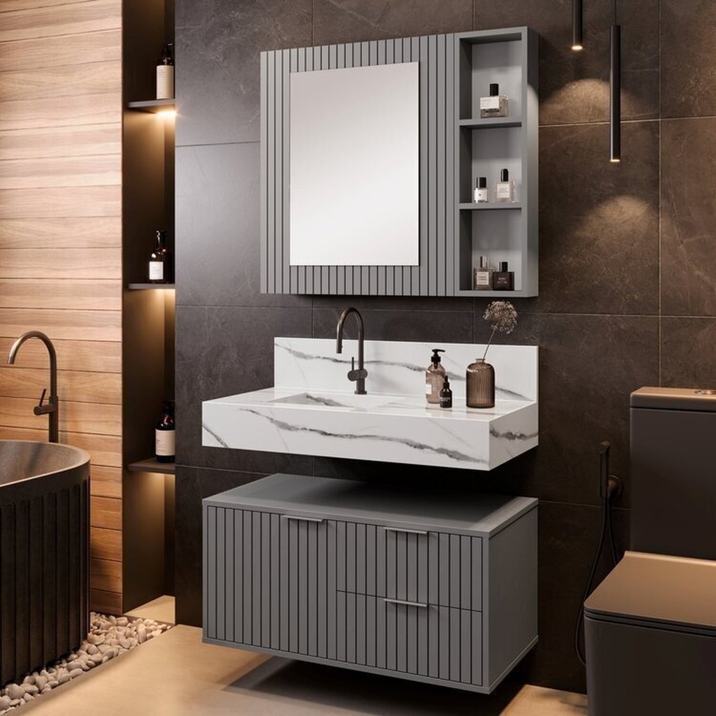 Conjunto para Banheiro Bancada em Porcelanato com Cuba Esculpida, Armário e Espelheira Ripy 80cm Cinza Conjunto para Banheiro Bancada em Porcelanato com Cuba Esculpida
