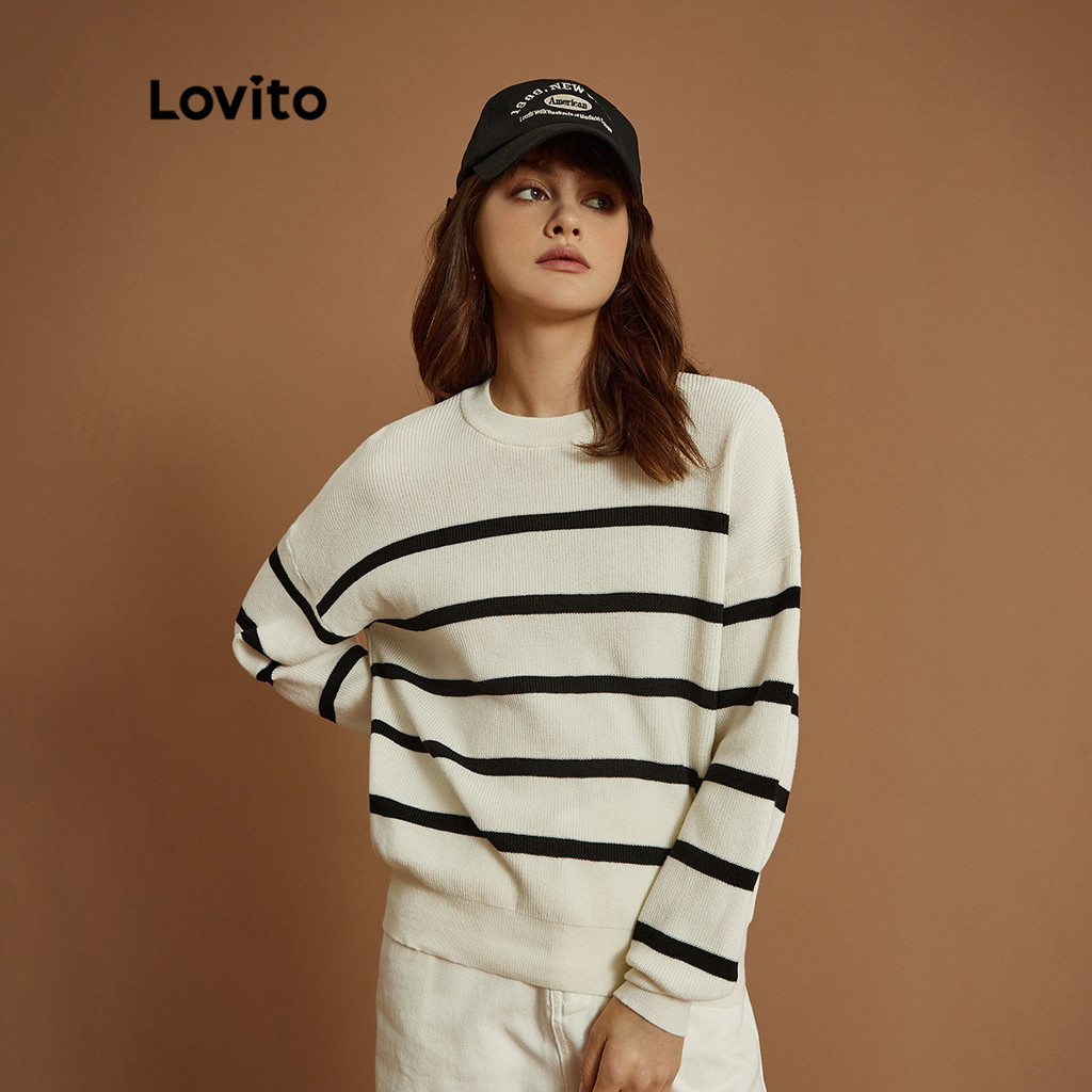 Lovito x Glenda Suéter Casual Solto Listrado Comprida Para Mulheres L32ud004 (branco-sujo) - Oferta na Shopee