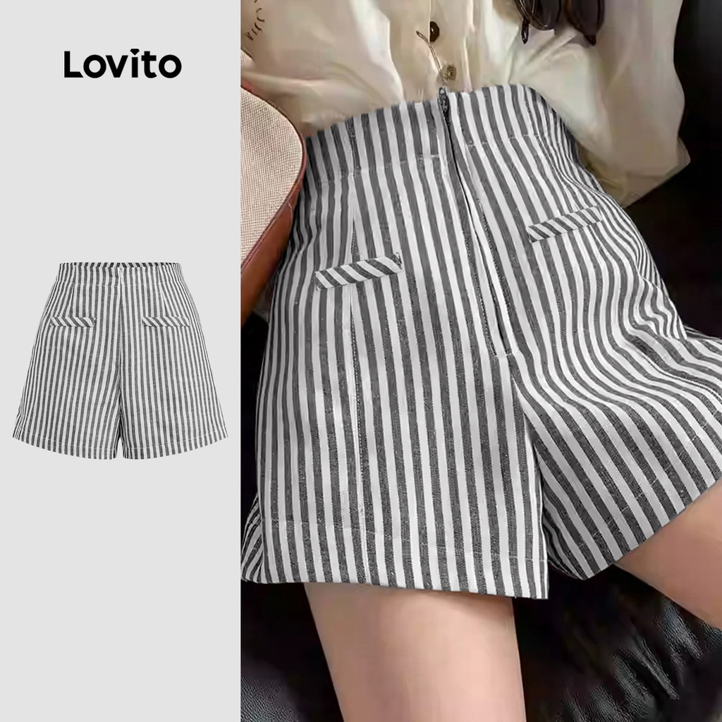 Lovito Shorts Casuais De Verão/Primavera Listrados Com Bolso Falso E Zíper Para Mulheres L125AD319 - Oferta na Shopee