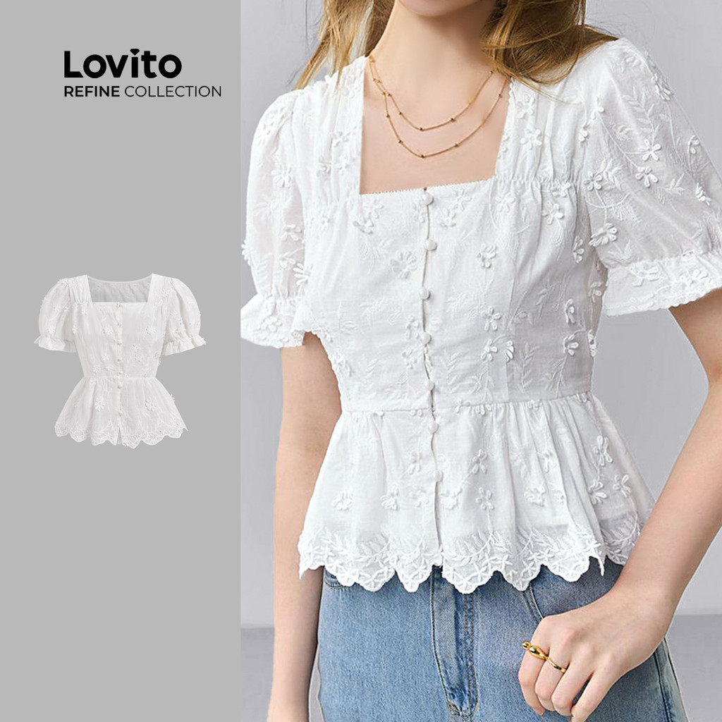 (Lovito Refine) Blusa Elegante Bordado de Olho de Sapo Blusa Branca de Boa Textura para Mulheres LR12L110 - Oferta na Shopee