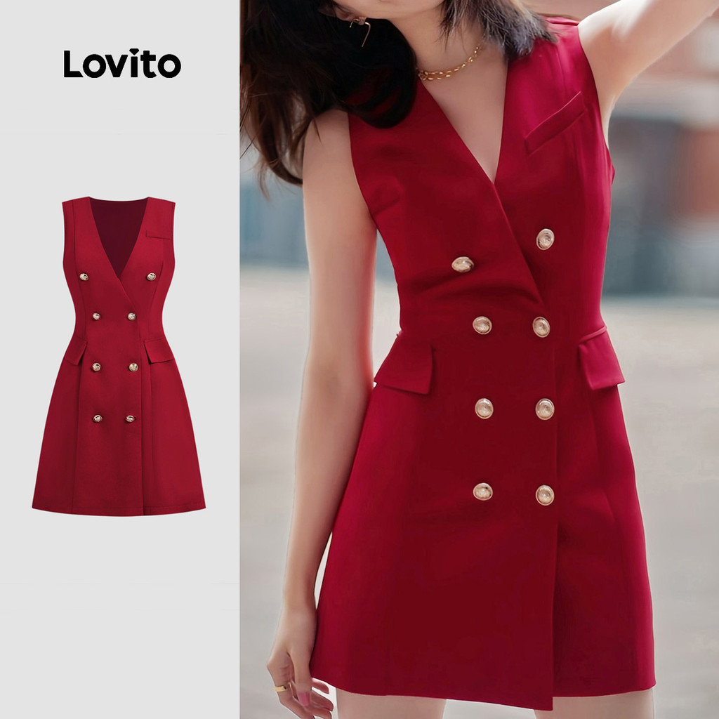 Lovito Vestido Elegante Vermelho De Primavera/verão Com Botões Duplos Festas De Natal E Ano Novo Para Mulheres L150ED512 - Oferta na Shopee