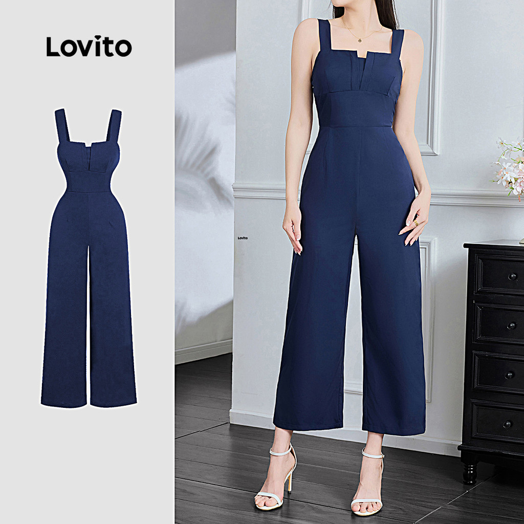Lovito Macacão Casual liso plissado para mulheres L131ED043 - Oferta na Shopee