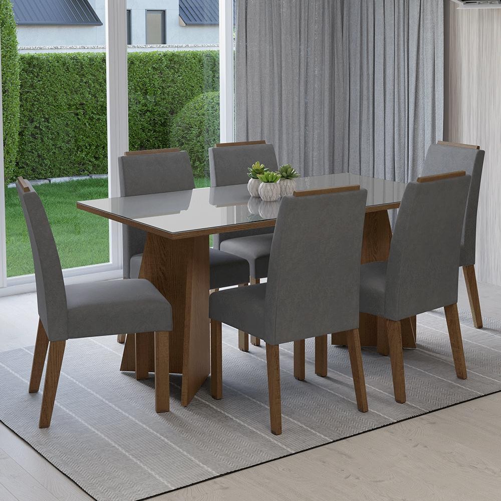 Conjunto Sala de Jantar Tampo de Vidro 6 Cadeiras Rustic/Cinza/Silver Madrid Madesa Conjunto Sala de Jantar Tampo de Vidro 6 Cadeiras Rustic/Cinza/Silver Madrid Madesa - Oferta na Shopee