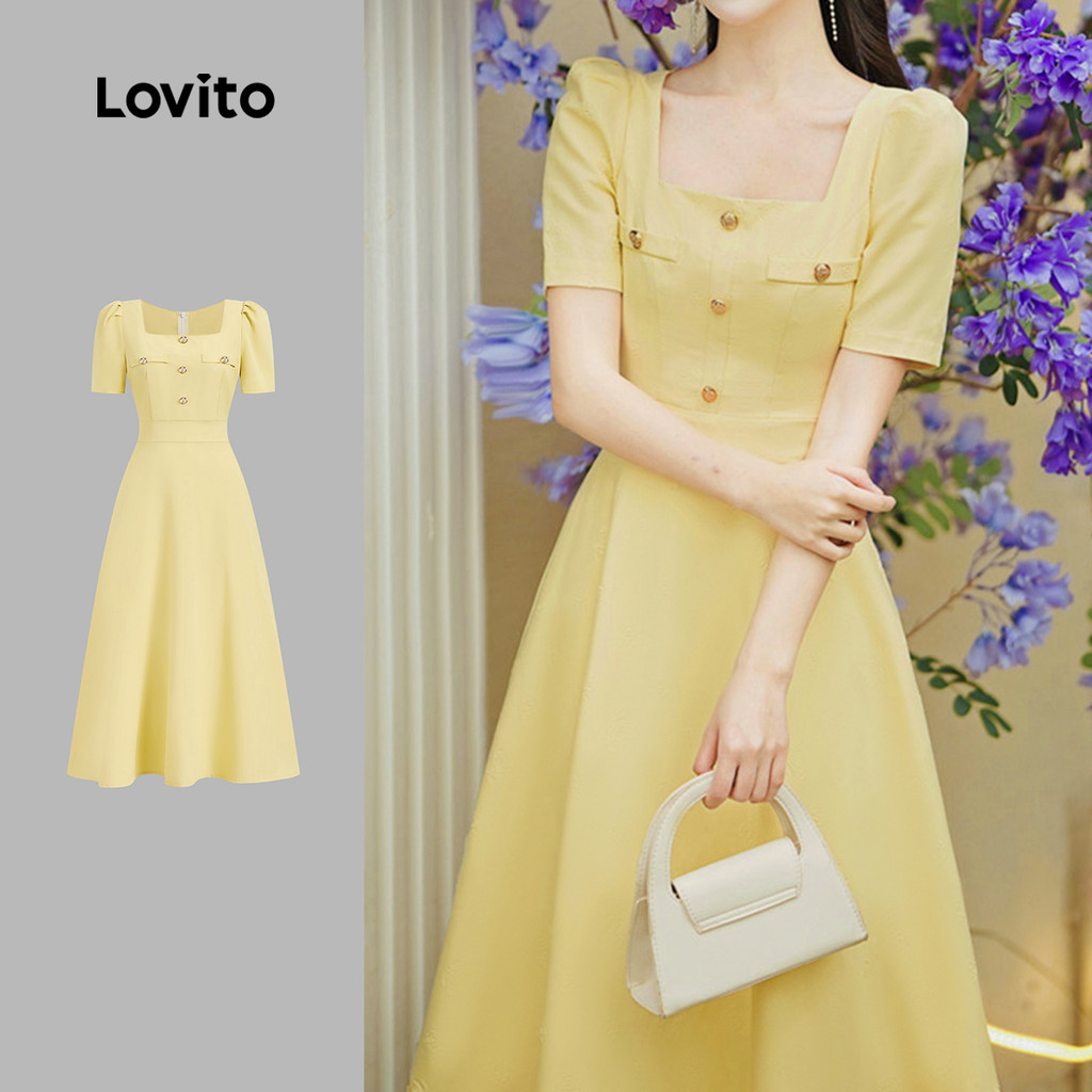 Lovito Elegante Vestido Amarelo De Metal Liso Com Bolso Falso Primavera/Verão Para Mulheres L134LD127 - Oferta na Shopee