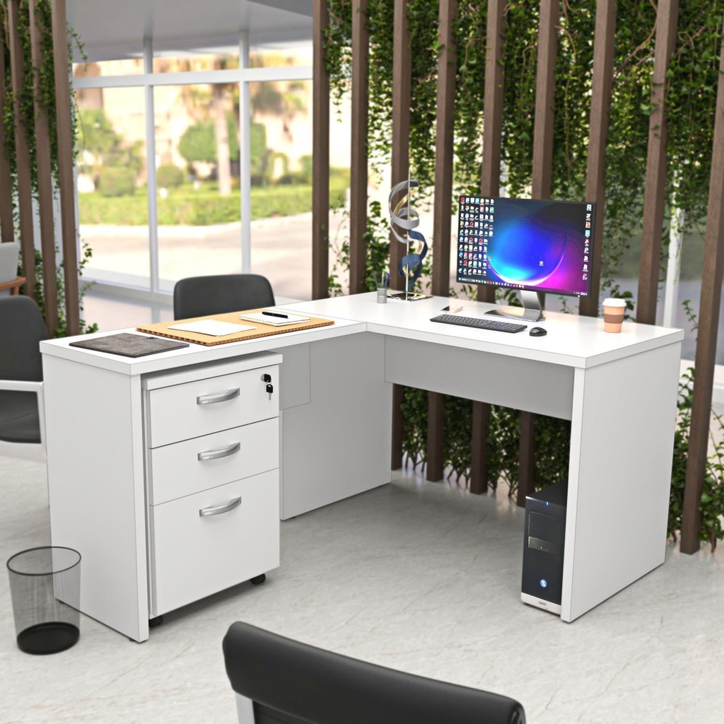 Escrivaninha Mesa Escritório em L com Gaveteiro 3 Gavetas com Chave 120cmx150cm Branco Escrivaninha Mesa Escritório em L com Gaveteiro 3 Gavetas com Chave 120cmx150cm Branco - Oferta na Shopee