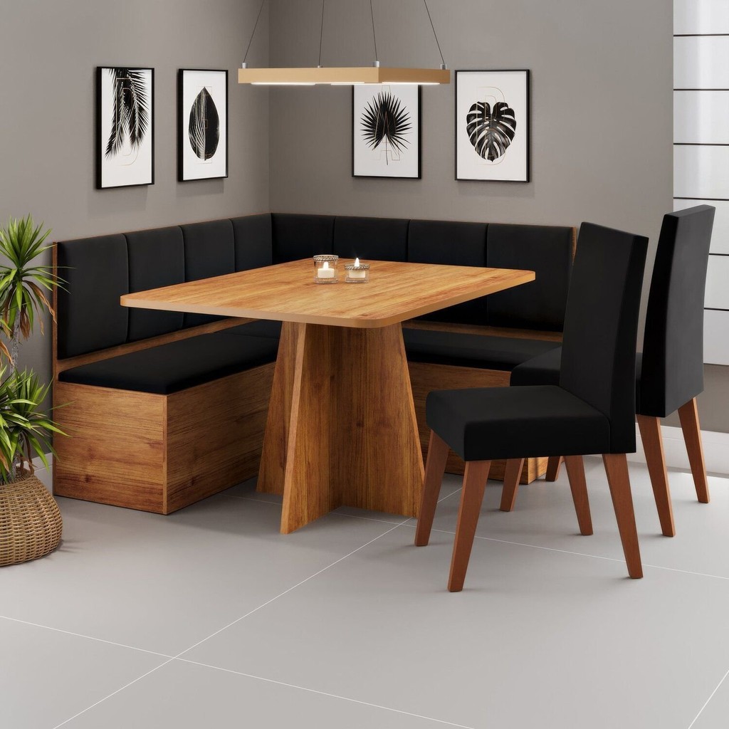 Conjunto Canto Alemão com Baú Mesa 120x77,5cm Tampo sem Vidro com 2 Cadeiras Milão Preto/Mel Conjunto Canto Alemão com Baú Mesa 120x77