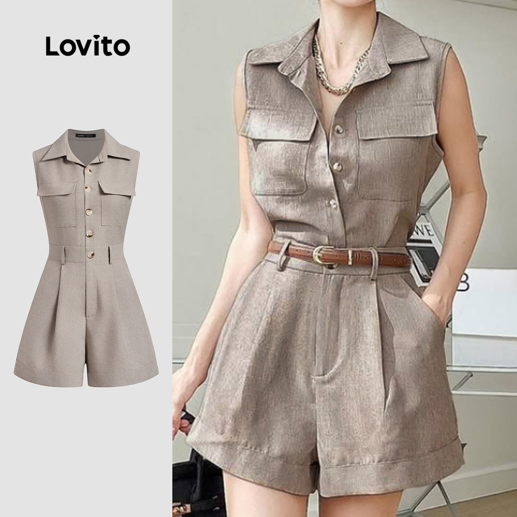 Lovito Macacão Casual com Bolso Botão Tecido Crocante Primavera/verão Cor Cáqui Clara para Mulheres L138ED303 - Oferta na Shopee