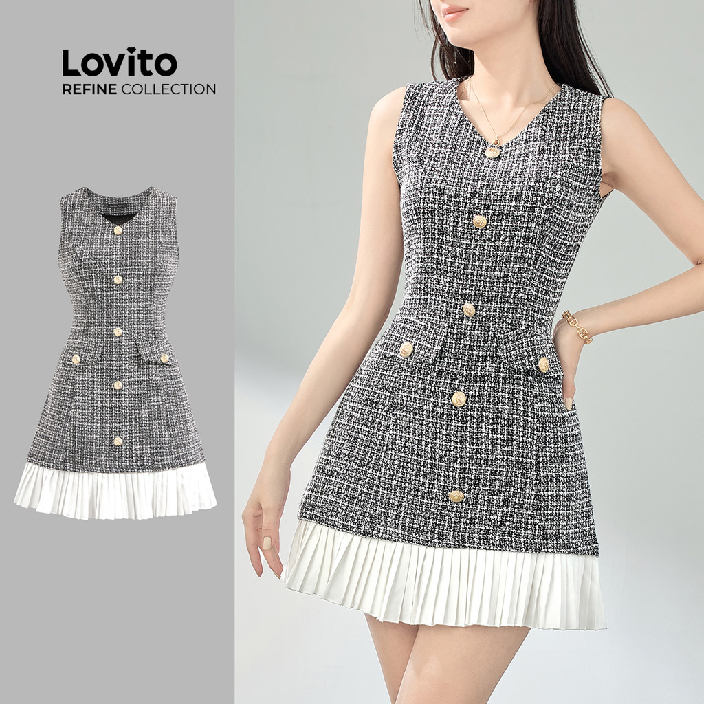 (Lovito Refine) Vestido Elegante Com Tecido Xadrez E Costura Plissado Para Verão/primavera Para Mulheres LR4ED030 (Lovito Refine) Vestido Elegante Com Tecido Xadrez E Costura Plissado Para Verão/primavera Para Mulheres LR4ED030 - Oferta na Shopee