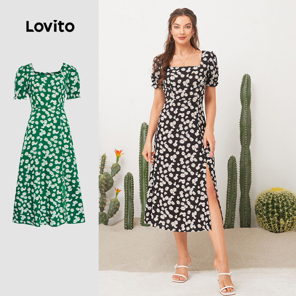 Lovito Vestido Casual Com Estampa Floral E Decote Quadrado Vestido Longo Para Mulheres L11D32 (Preto) Lovito Vestido Casual Com Estampa Floral E Decote Quadrado Vestido Longo Para Mulheres L11D32 (Preto) - Oferta na Shopee