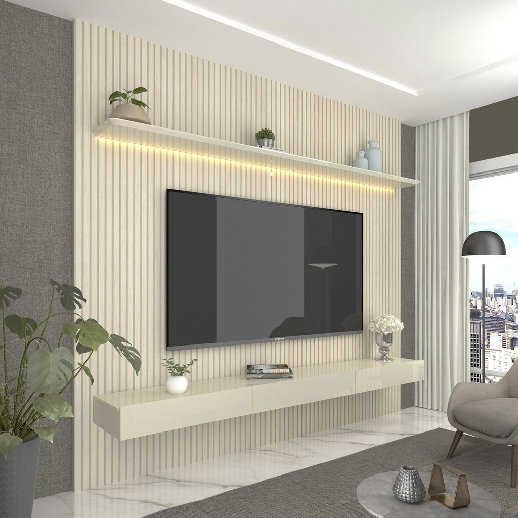Painel para TV até 90 Polegadas Impressão Ripada com LED com Gaveta 220cm 100% MDF Requinte Off White Painel para TV até 90 Polegadas Impressão Ripada com LED com Gaveta 220cm 100% MDF Requinte Off White - Oferta na Shopee