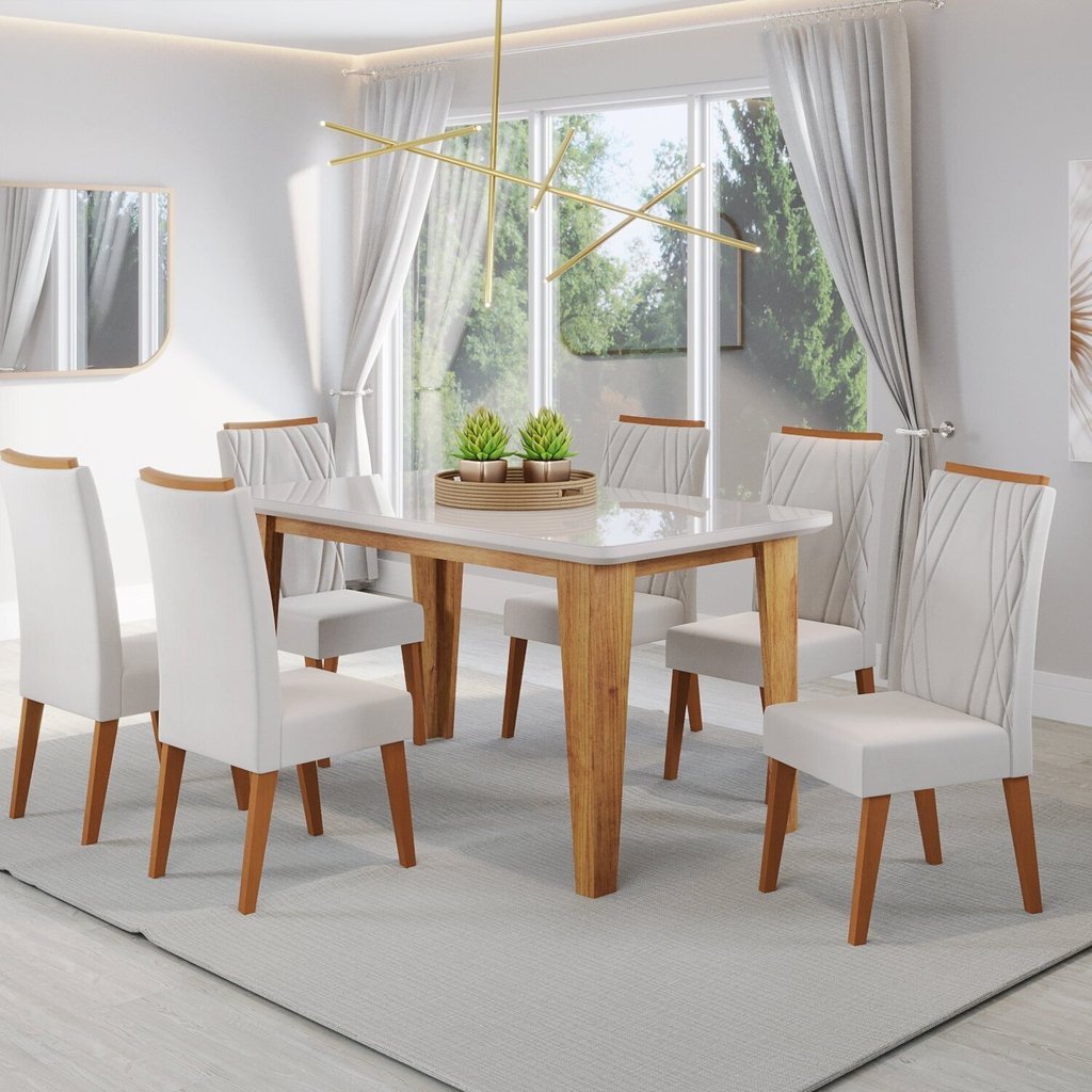 Mesa de Jantar Retangular Dakar 1,60×90 com Vidro e 6 Cadeiras Vegas em Madeira Maciça MelOff WhiteMarfim Mesa de Jantar Retangular Dakar 1,60×90 com Vidro e 6 Cadeiras Vegas em Madeira Maciça MelOff WhiteMarfim