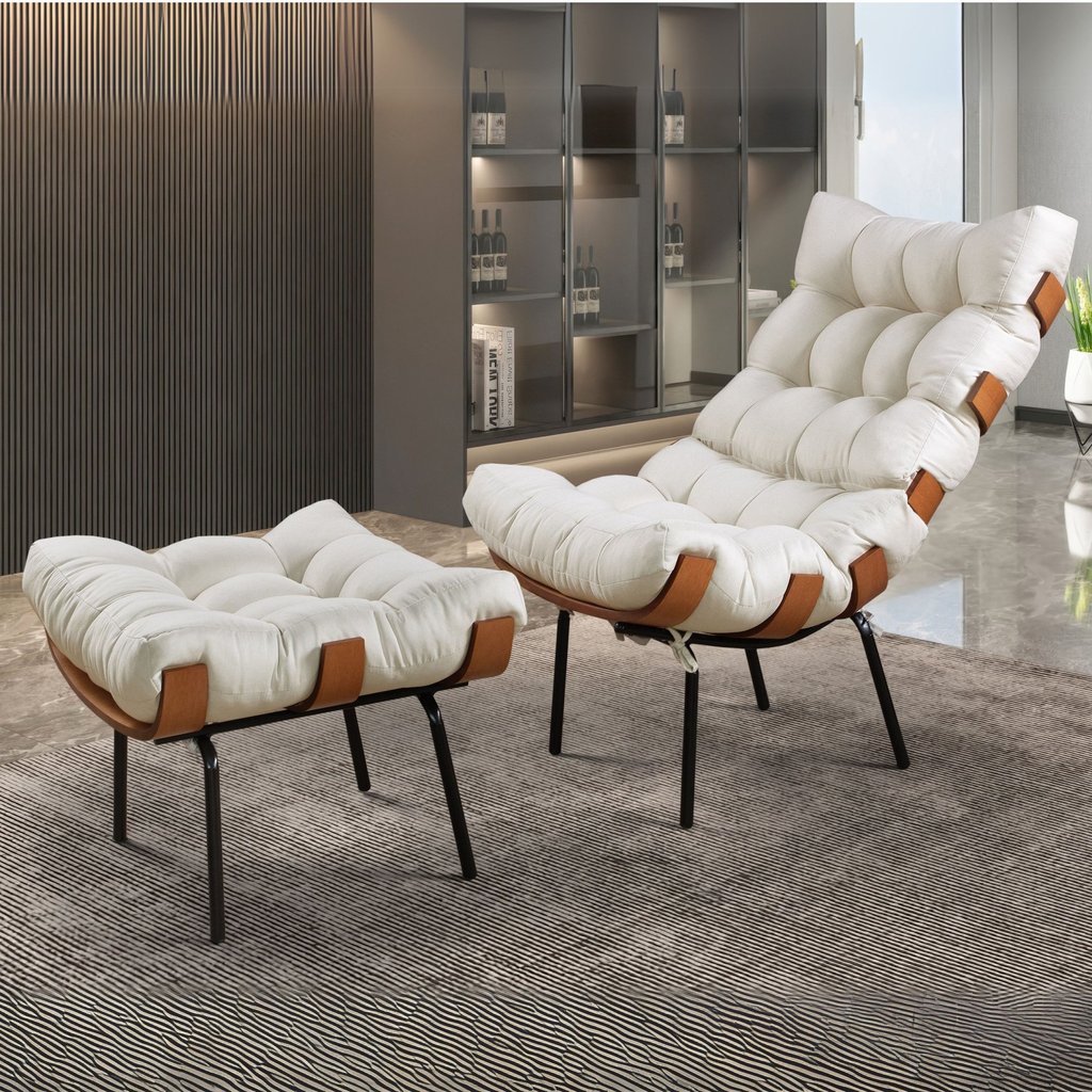 Poltrona com Puff Costela Linho Bege/Off White Poltrona com Puff Costela Linho Bege/Off White - Oferta na Shopee