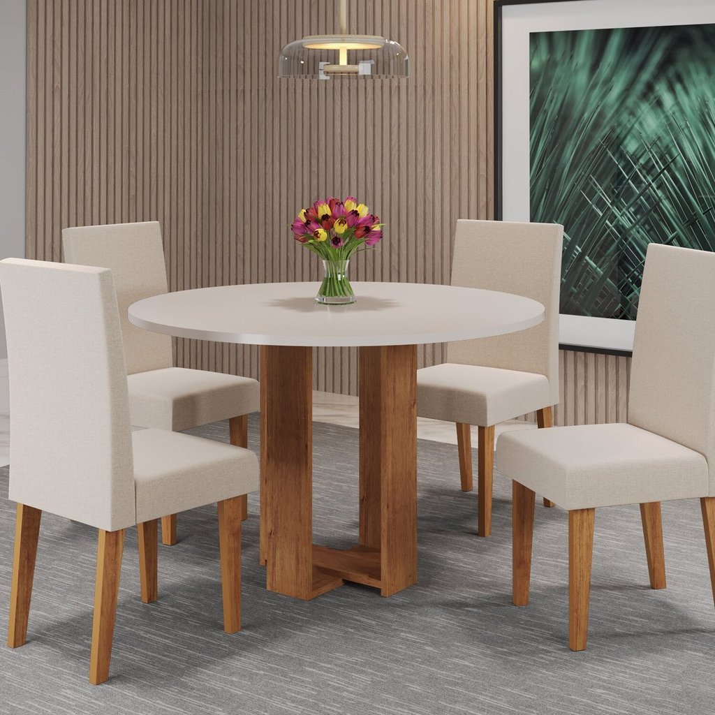 Mesa de Jantar Chiara Redonda 90x90cm com 4 Cadeiras Venus Mel/Off White Mesa de Jantar Chiara Redonda 90x90cm com 4 Cadeiras Venus Mel/Off White - Oferta na Shopee