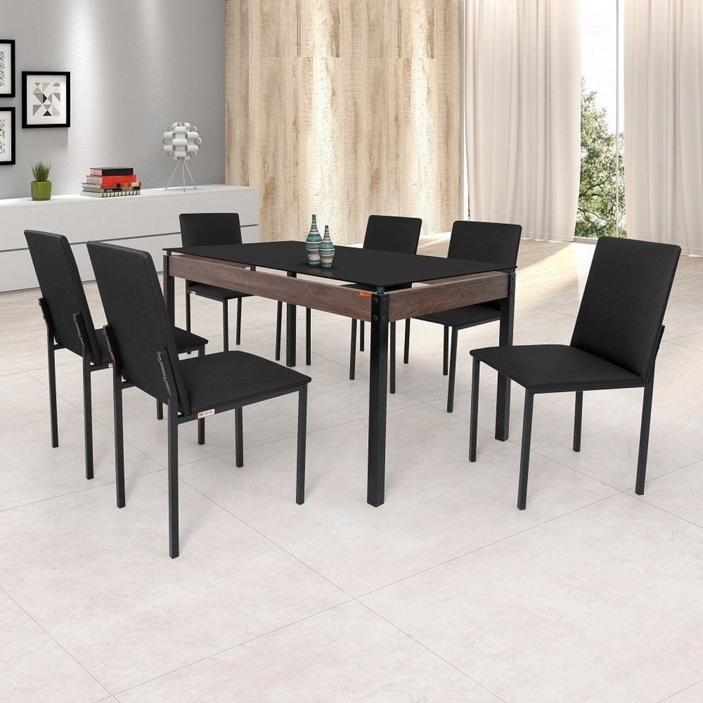 Conjunto Sala de Jantar Mesa Dubai 140x80cm Tampo Vidro com 6 Cadeiras Preto Conjunto Sala de Jantar Mesa Dubai 140x80cm Tampo Vidro com 6 Cadeiras Preto - Oferta na Shopee