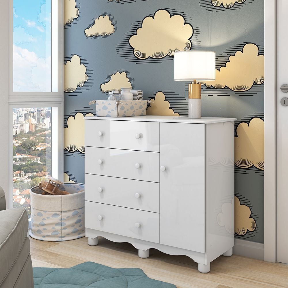 Cômoda Infantil 1 Porta 4 Gavetas 100% MDF Mimo Branco Brilho Cômoda Infantil 1 Porta 4 Gavetas 100% MDF Mimo Branco Brilho - Oferta na Shopee