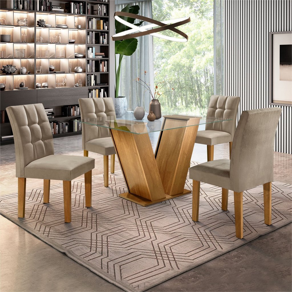 Conjunto Sala de Jantar Mesa Classic Tampo de Vidro 4 Cadeiras Vitória Ypê/Pena Conjunto Sala de Jantar Mesa Classic Tampo de Vidro 4 Cadeiras Vitória Ypê/Pena - Oferta na Shopee
