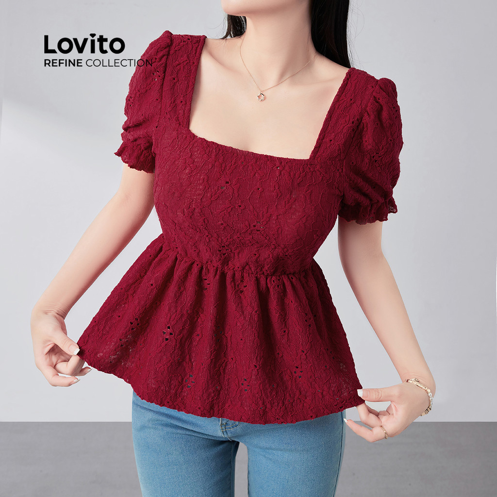 (Lovito Refine) Blusa Boho Natal Ano Novo Feriado Bordado Acabamento Alface Primavera/verão Blusa Vermelha LR21E014 - Oferta na Shopee