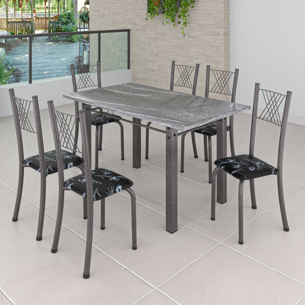 Conjunto Mesa com 6 Cadeiras Tampo de Granito Topázio Sara Yescasa Preto Floral/Prata Conjunto Mesa com 6 Cadeiras Tampo de Granito Topázio Sara Yescasa Preto Floral/Prata - Oferta na Shopee
