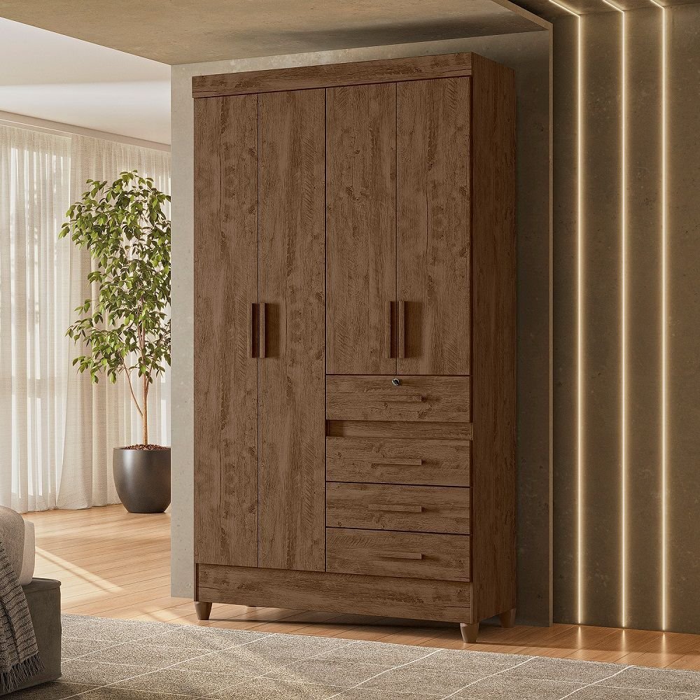 Guarda-Roupa Solteiro 4 Portas 4 Gavetas e 1 com Chave e Pés Sobral Castanho Guarda-Roupa Solteiro 4 Portas 4 Gavetas e 1 com Chave e Pés Sobral Castanho - Oferta na Shopee