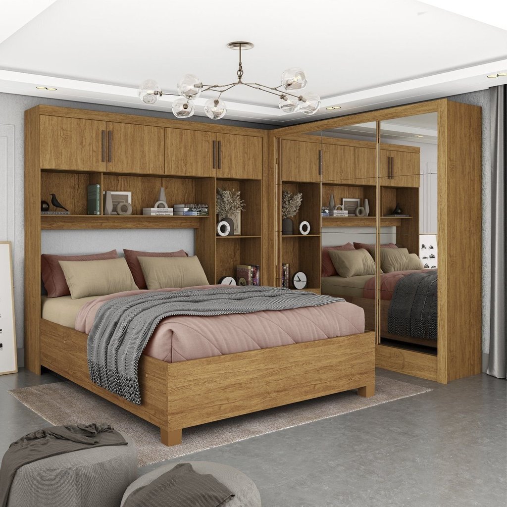 Guarda-roupa Casal Modulado 4 Portas com Cama Santiago 3 Portas Premium 5 Gaveta com Espelho Cinamomo Guarda-roupa Casal Modulado 4 Portas com Cama Santiago 3 Portas Premium 5 Gaveta com Espelho Cinamomo - Oferta na Shopee