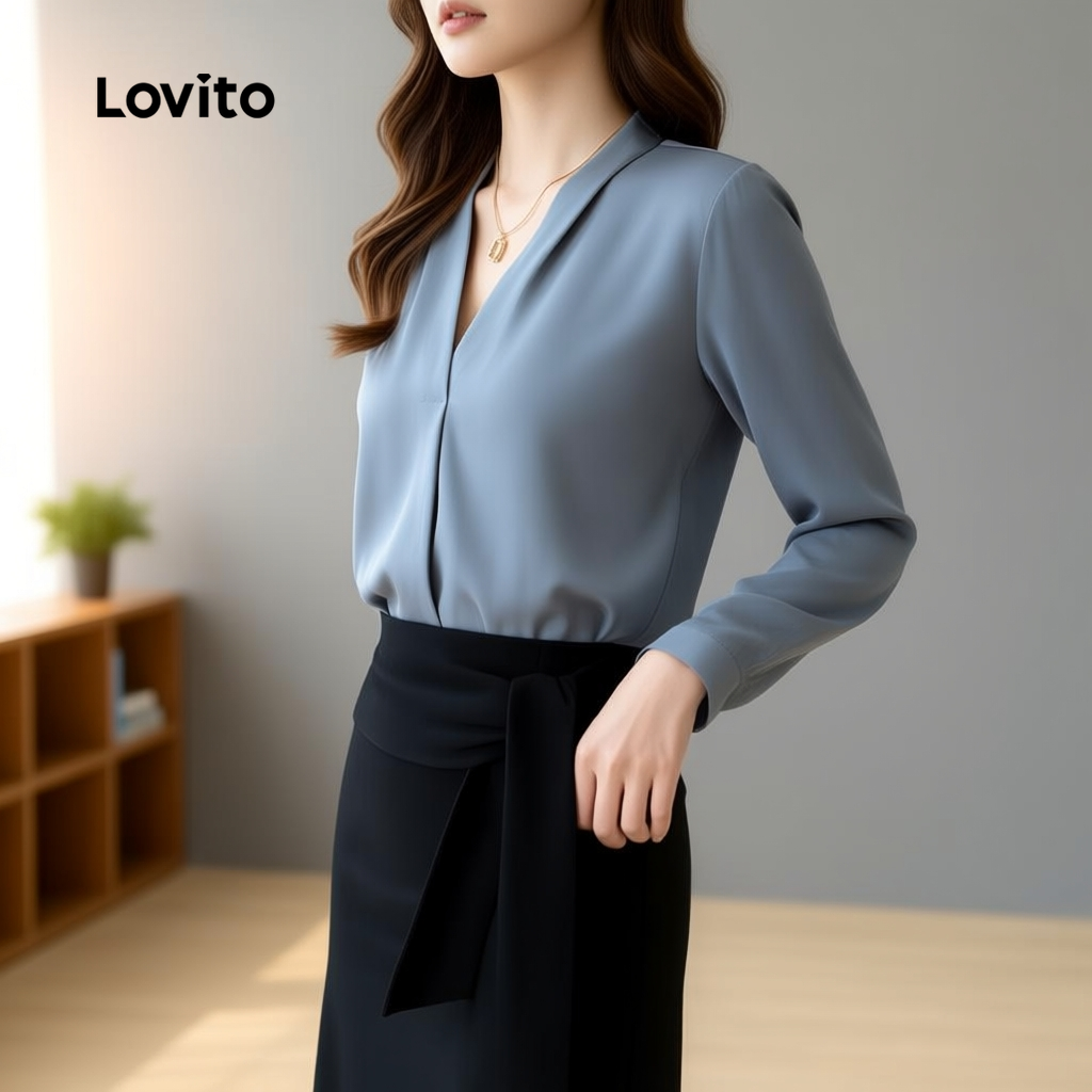 Lovito Blusa Azul Feminina Elegante com Estrutura de Linha para Todas As Estações LNE113038 Lovito Blusa Azul Feminina Elegante com Estrutura de Linha para Todas As Estações LNE113038 - Oferta na Shopee