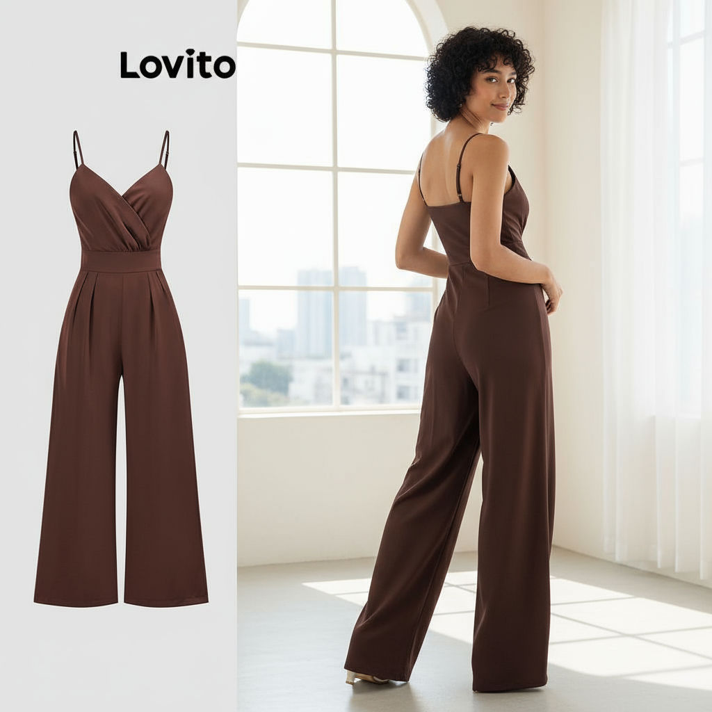 Lovito Macacão Feminino Liso Plissado Verão Refine L109MD682 - Oferta na Shopee
