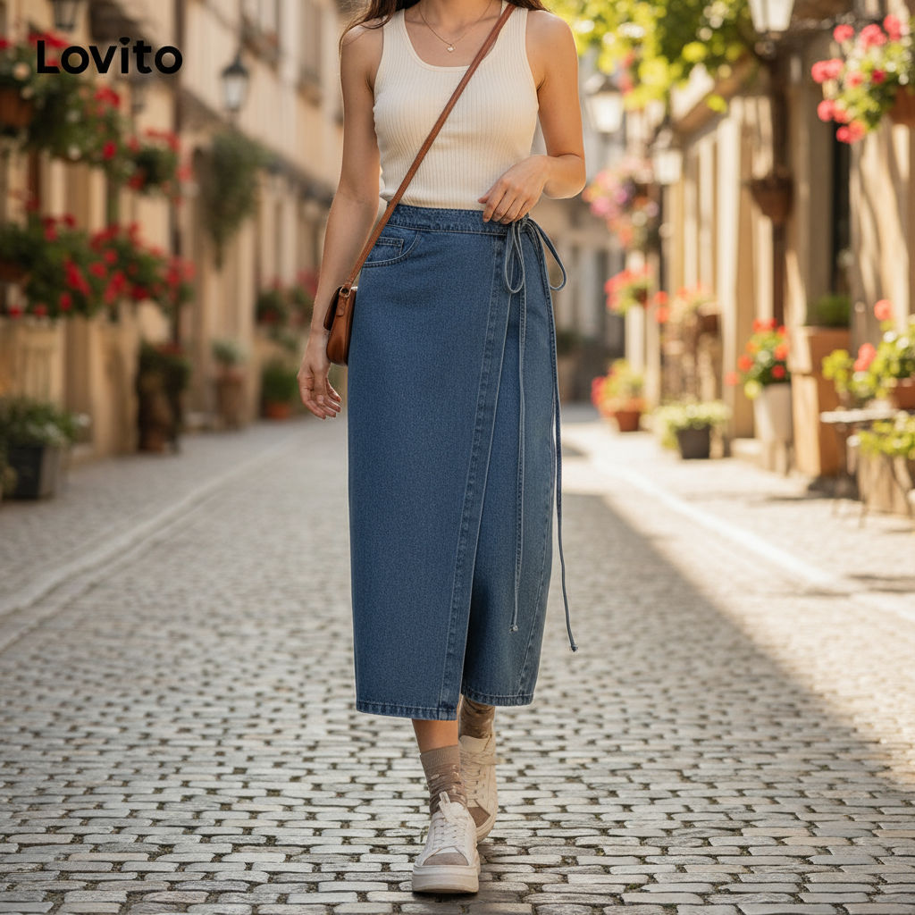 Lovito Saias Jeans Casuais Divididas Na Frente Lisas E Com Renda Saia Jeans Lavada Feminina LNE73791 - Oferta na Shopee